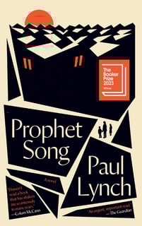Cover of Prophet Song. Design is made up of black angular shapes that emulate houses with a red sun behind it and the Brooker Prize label in red. 